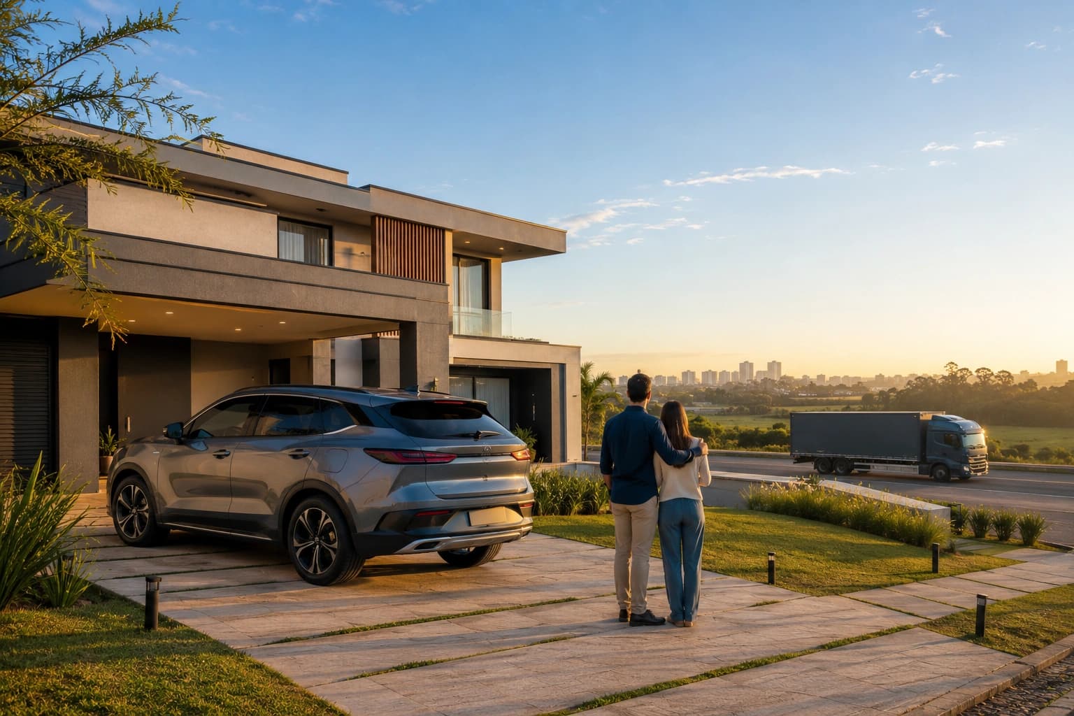 Casa contemporânea, automóvel e caminhão representando diferentes planos de consórcio